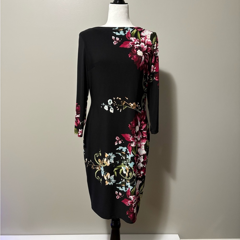 Joseph Ribkoff Style 154652 Floral Sheath Dress Knee Length 3/4 Sleeve
